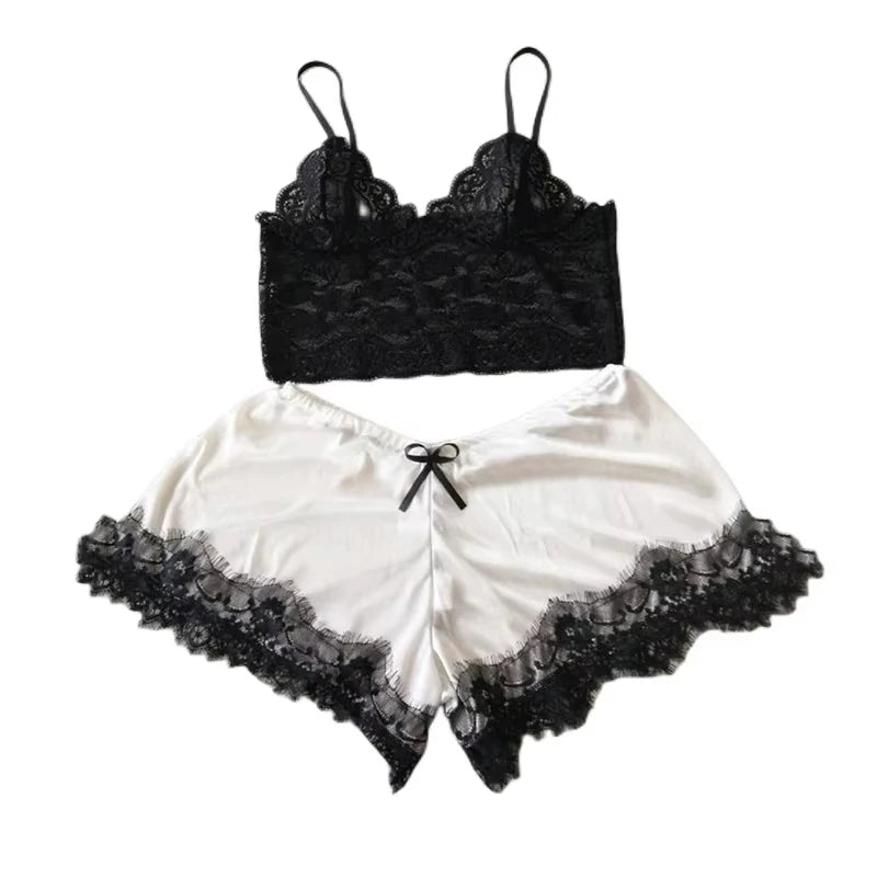 2025 Summer 2 Pcs Women's New Sexy Lace See-Through Pajamas Black Pink Cute Clothes Comfortable Breathable Suspender Shorts Set